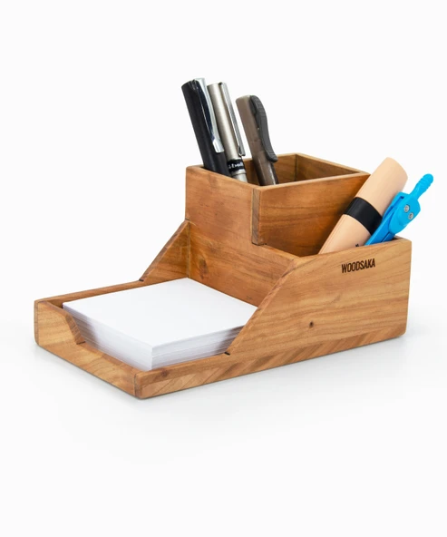 Woodsaka ProKit Çok Amaçlı Organizer - Bölümlü Kalemlik ve Not Kağıdı Kutusu Bir Arada - Model 5 - Kiraz Ağacından ürün görseli 1