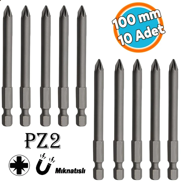 Mıknatıslı Pozidriv Bits Uç PZ2 100 mm 10'lu Set Kutulu Manyetik 1/4" Matkap Ucu Vidalama 10 cm ürün görseli 1