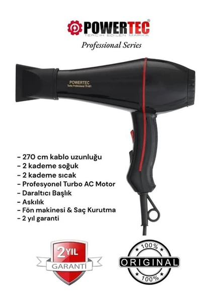 Powertec Profesyonel TR-601 Siyah Saç Kurutma Makinesi ürün görseli 1