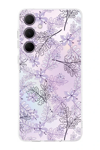 PrintiFy  Samsung Galaxy A35 ile Uyumlu Kamera Korumalı Floral Lila Tasarımlı Şeffaf Silikon Kılıf ürün görseli 1