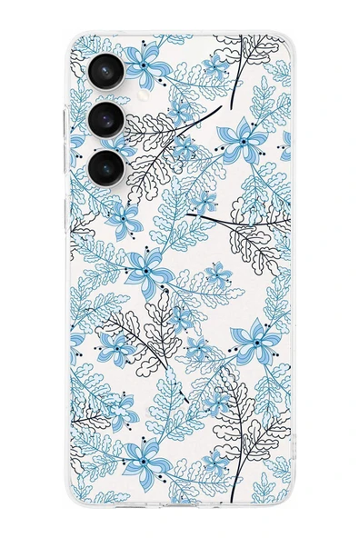 PrintiFy  Samsung S24 FE ile Uyumlu Kamera Korumalı Floral Mavi Tasarımlı Şeffaf Silikon Kılıf ürün görseli 1