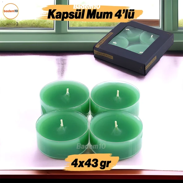 Tealight Kapsül Mum 4x43 Gr Dekoratif Mumu Kandil Hediyelik Fitilli Mumluk Şamdan Yeşil Renk Kokulu ürün görseli 1