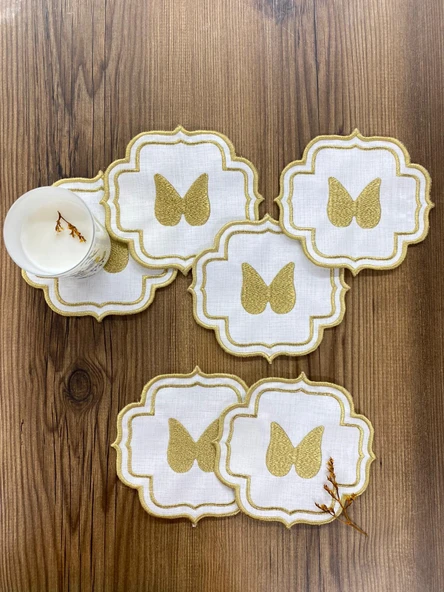 Linen Keten Gold Angel 6'lı Kokteyl Peçetesi Sırma Nakış İşlemeli Kahve Yanı Sunumluk Peçete ürün görseli 1