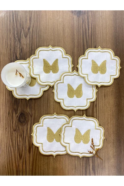 Gold Angel Linen Keten 6'lı Kokteyl Peçetesi Nakış İşlemeli Kahve Yanı Sunumluk ürün görseli 1