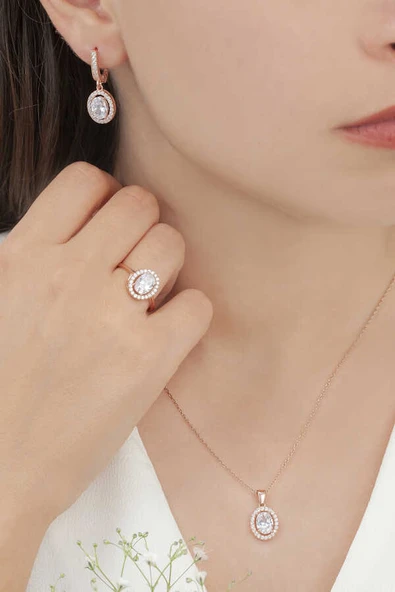 AgaKulche Oval Tasarım Gümüş Takı Seti Rose S102RB 925 ürün görseli 1