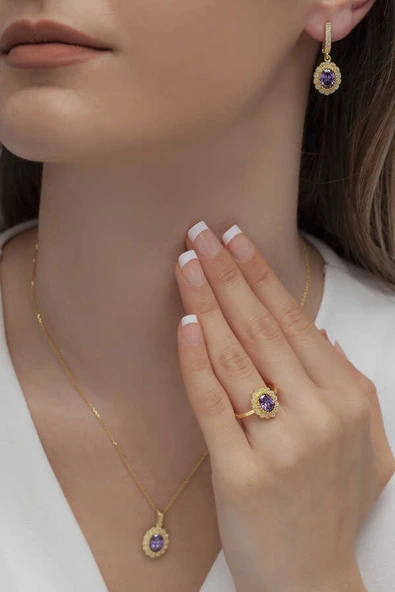 AgaKulche Oval Model Kadın Gümüş Takı Seti Gold S62GM 925 ürün görseli 1