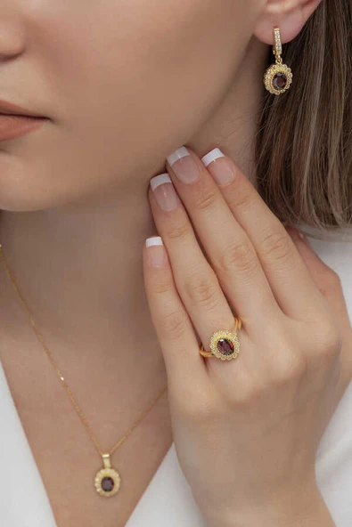 AgaKulche Oval Model Kadın Gümüş Takı Seti Gold S62GK 925 ürün görseli 1