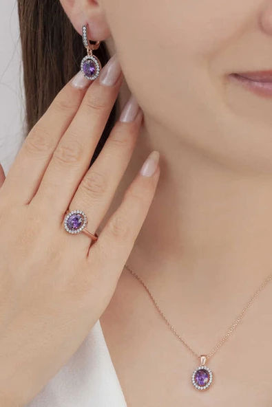 AgaKulche Oval Tasarım Gümüş Takı Seti Kalemli S102EM 925 ürün görseli 1