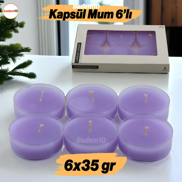 Tealight Kapsül Mum 6x35 Gr Dekoratif Mumu Kandil Hediyelik Fitilli Mumluk Şamdan Mor Renk Kokulu ürün görseli 1