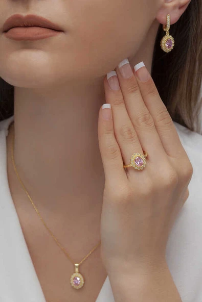 AgaKulche Oval Model Kadın Gümüş Takı Seti Gold S62GP 925 ürün görseli 1