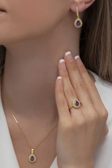 AgaKulche Damla Model Gümüş Takı Seti Gold S60GM 925 ürün görseli 1