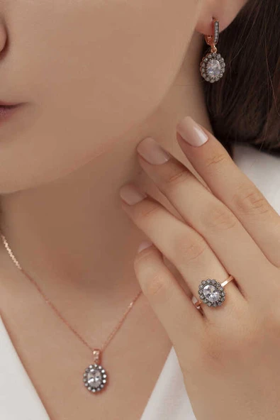 AgaKulche Oval Model Kadın Gümüş Takı Seti Kalemli S62EB 925 ürün görseli 1