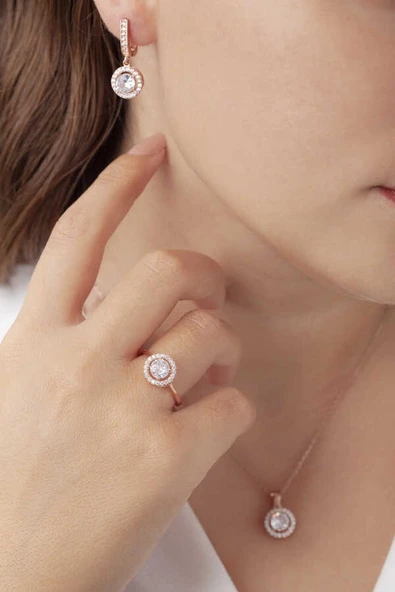 AgaKulche Tek Taş Gümüş Takı Seti Rose S66RB 925 ürün görseli 1