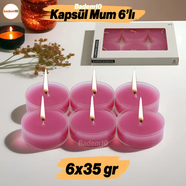 Tealight Kapsül Mum 6x35 Gr Dekoratif Mumu Kandil Hediyelik Fitilli Mumluk Şamdan Pembe Renk Kokusuz ürün görseli 1