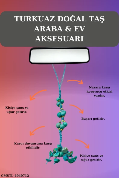 GÜMÜŞTEL EL SANATLARI Sertifikalı Doğal Taş Turkuaz Sallanan Dikiz Ayna Süsü Yeni Trend Araç Ayna Süsü El Yapımı ürün görseli 1