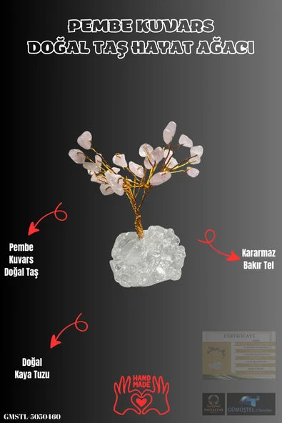 GÜMÜŞTEL EL SANATLARI Sertifikalı Doğal Taş Pembe Kuvars Taşı Dekoratif El Yapımı Ağaç ürün görseli 1