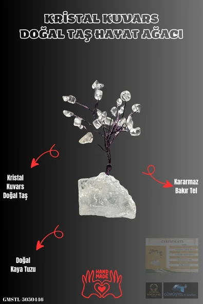 GÜMÜŞTEL EL SANATLARI Sertifikalı Doğal Taş Kristal Kuvars Taşı Dekoratif El Yapımı Ağaç ürün görseli 1