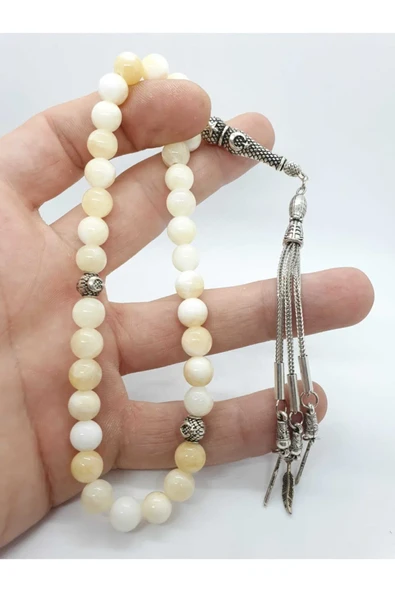 GÜMÜŞTEL EL SANATLARI Sertifikalı Aragonit Doğal Taş Tesbih 8 Mm Krem Beyaz Damarlı ürün görseli 1