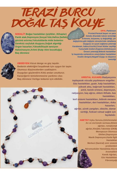 GÜMÜŞTEL EL SANATLARI Sertifikalı Özel Tasarım Terazi Burcu Kolye Sodalit Sitrin Aventurin Pembe Kuvars Akik ürün görseli 1
