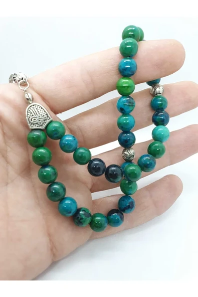 GÜMÜŞTEL EL SANATLARI Sertifikalı Krizokol Doğal Taş Tesbih 8 Mm Yeşil Damarlı ürün görseli 1