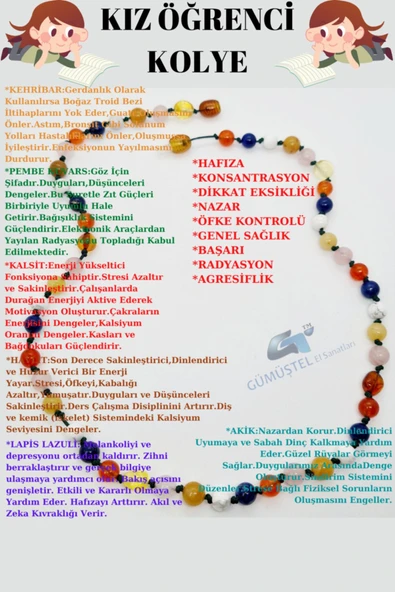 GÜMÜŞTEL EL SANATLARI Sertifikalı Kız Öğrenci Kolyesi Kehribar Pembe Kuvars Kalsit Havlit Lapis Lazuli Akik ürün görseli 1
