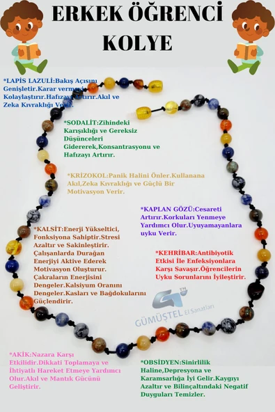 GÜMÜŞTEL EL SANATLARI Sertifikalı Erkek Öğrenci Kolyesi Lapis Lazuli Kehribar Sodalit Kalsit K Gözü Krizokol Akik Obsidyen ürün görseli 1