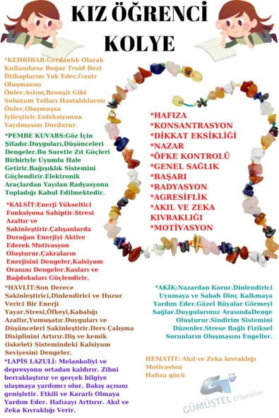 GÜMÜŞTEL EL SANATLARI Sertifikalı Kız Öğrenci Kolyesi Kehribar P. Kuvars Kalsit Havlit Lapis Akik Hematit Doğal Taş Kolye ürün görseli 1