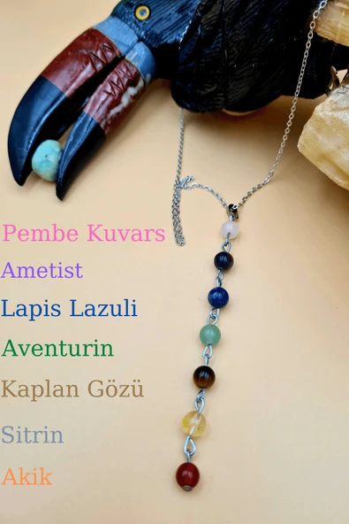 GÜMÜŞTEL EL SANATLARI Sertifikalı Doğal 7 Çakra Özel Tasarım Kolye Orijinal Doğal Taş Zincir Hediyeli ürün görseli 1