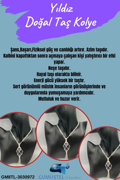 GÜMÜŞTEL EL SANATLARI Sertifikalı Yıldız Doğal Taş Tasarım Kolye El Yapımı Örgü Model Aaa Kalite ürün görseli 1