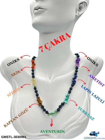 GÜMÜŞTEL EL SANATLARI Sertifikalı Doğal Taş 7 Çakra Oniks Taşı Tasarım Kolye ürün görseli 1