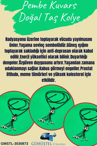 GÜMÜŞTEL EL SANATLARI Sertifikalı Pembe Kuvars Doğal Taş Tasarım Kolye El Yapımı Örgü Model Aaa Kalite ürün görseli 1