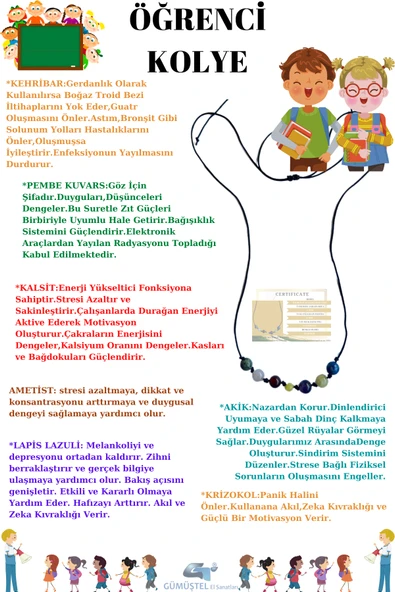 GÜMÜŞTEL EL SANATLARI Sertifikalı Öğrenci Doğal Taş Kolye Krizokol, Pembe Kuvars, Akik, Kehribar, Kalsit, Lapis Kolye ürün görseli 1