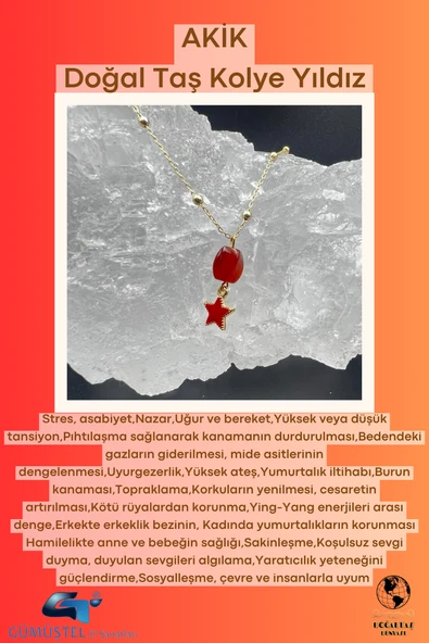 GÜMÜŞTEL EL SANATLARI Sertifikalı Akik Doğal Taş Tasarım Kolye El Yapımı Kırmızı Yıldız Obje Detaylı ürün görseli 1
