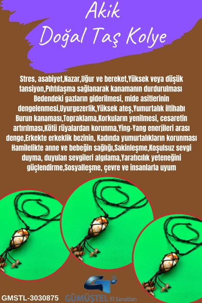 GÜMÜŞTEL EL SANATLARI Sertifikalı Akik Doğal Taş Tasarım Kolye El Yapımı Örgü Model Aaa Kalite ürün görseli 1