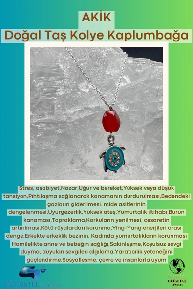 GÜMÜŞTEL EL SANATLARI Sertifikalı Akik Doğal Taş Tasarım Kolye El Yapımı Turkuaz Kaplumbağa Obje Detaylı ürün görseli 1
