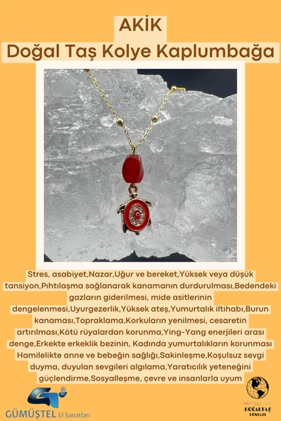 GÜMÜŞTEL EL SANATLARI Sertifikalı Akik Doğal Taş Tasarım Kolye El Yapımı Kırmızı Kaplumbağa Obje Detay AAA Kalite ürün görseli 1
