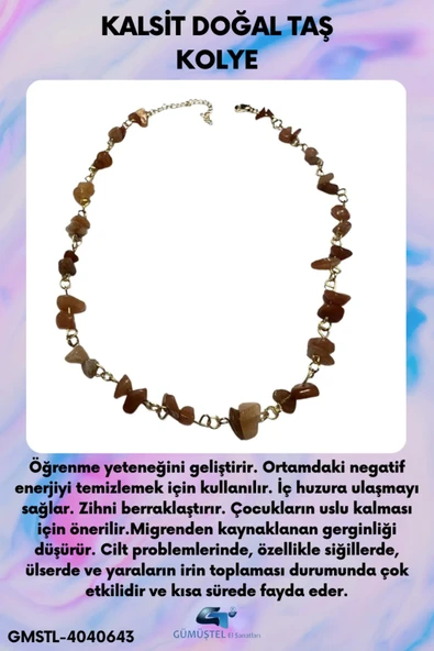 GÜMÜŞTEL EL SANATLARI Sertifikalı Kalsit Doğal Taş Özel Tasarım Kolye ürün görseli 1