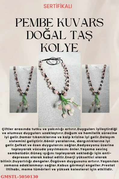 GÜMÜŞTEL EL SANATLARI Sertifikalı Pembe Kuvars Doğal Taş El Yapımı Tasarım Kolye ürün görseli 1