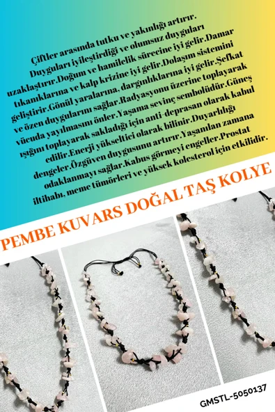 GÜMÜŞTEL EL SANATLARI Sertifikalı Pembe Kuvars Doğal Taş Tasarım Kolye ürün görseli 1