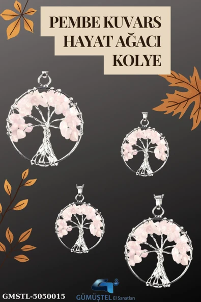 GÜMÜŞTEL EL SANATLARI Sertifikalı Doğal Taş Pembe Kuvars Hayat Ağacı Tasarım Kolye Sürpriz Hediyeli 5x5 Cm ürün görseli 1