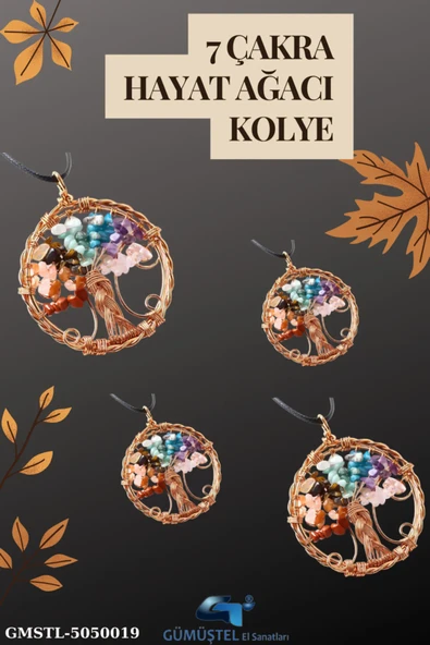 GÜMÜŞTEL EL SANATLARI Sertifikalı Doğal Taş 7 Çakra Hayat Ağacı Tasarım Kolye Sürpriz Hediyeli 5x5 Cm ürün görseli 1