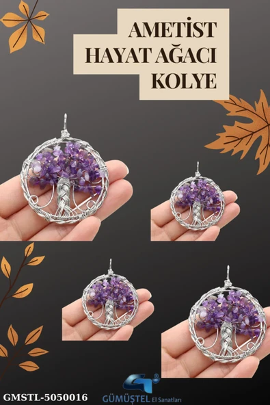 GÜMÜŞTEL EL SANATLARI Sertifikalı Doğal Taş Ametist Hayat Ağacı Tasarım Kolye Sürpriz Hediyeli 5x5 Cm ürün görseli 1