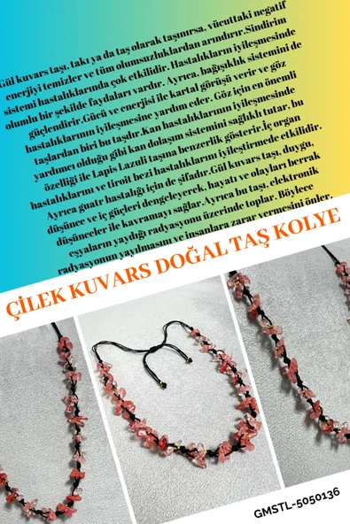 GÜMÜŞTEL EL SANATLARI Sertifikalı Çilek Kuvars Doğal Taş Tasarım Kolye ürün görseli 1