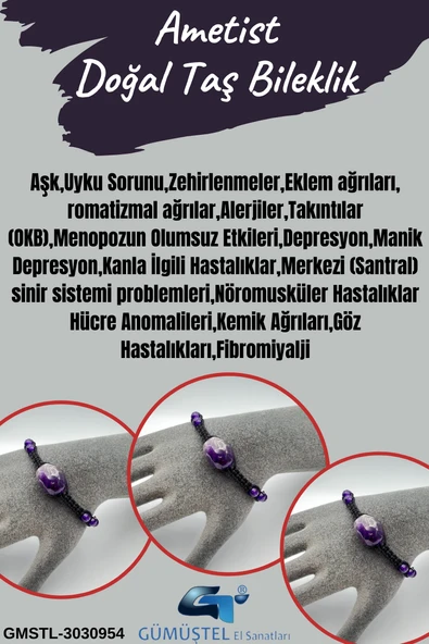 GÜMÜŞTEL EL SANATLARI Sertifikalı Ametist Doğal Taş Tasarım Bileklik Aaa Kalite ürün görseli 1