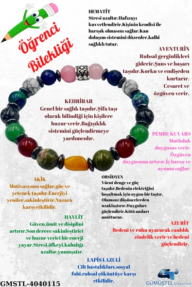 GÜMÜŞTEL EL SANATLARI Sertifikalı Öğrenci Bilekliği Doğal Taş Aaa Kalite 8 Mm Sürpriz Hediyeli ürün görseli 1