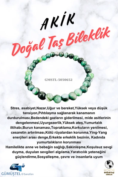 GÜMÜŞTEL EL SANATLARI Sertifikalı Akik Doğal Taş Bileklik 6mm ürün görseli 1