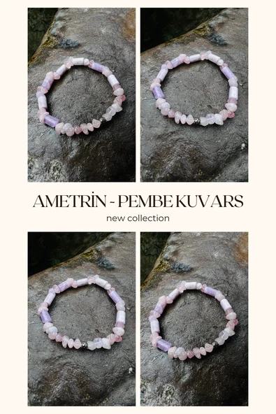 GÜMÜŞTEL EL SANATLARI Sertifikalı Ametrin & Pembe Kuvars Tasarım Bileklik Orijinal Doğal Taş AAA Kalite ürün görseli 1