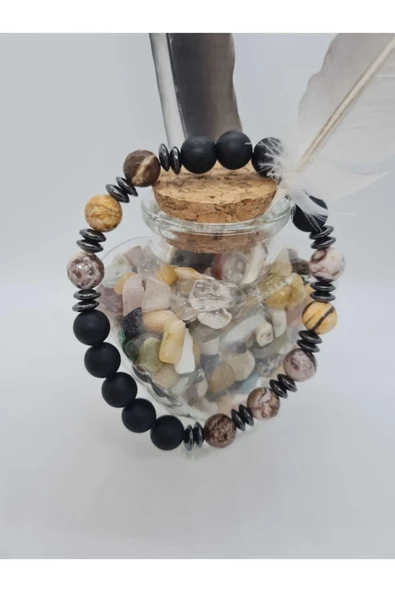 GÜMÜŞTEL EL SANATLARI Sertifikalı Jasper , Hematit , Oniks Doğal Taş Bileklik Tasarım ürün görseli 1