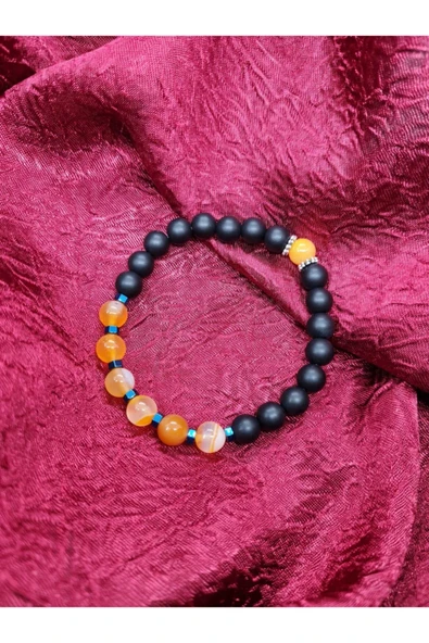 GÜMÜŞTEL EL SANATLARI Sertifikalı Akik Hematit Ve Oniks Doğal Taş Bileklik 8mm ürün görseli 1