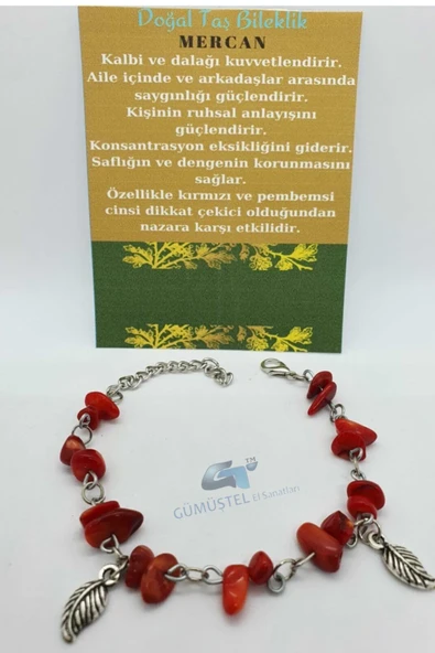 GÜMÜŞTEL EL SANATLARI Sertifikalı Mercan Taşı Bileklik Orijinal Doğal Taş Tasarım Bileklik ürün görseli 1